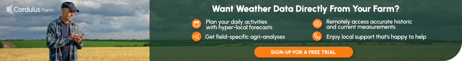 Cordulus Farm weather data banner with farmer in field on farming news site